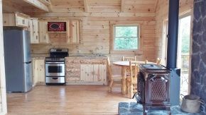 A kitchen in a log cabin with a wood stove and a refrigerator.