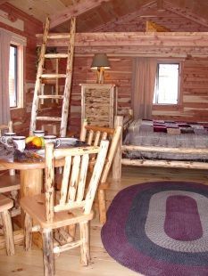 A wooden cabin with a table and chairs and a purple rug