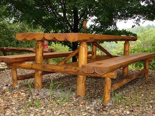 A wooden picnic table with benches under a tree
