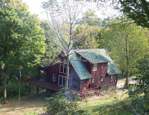 A red house with a green roof is surrounded by trees