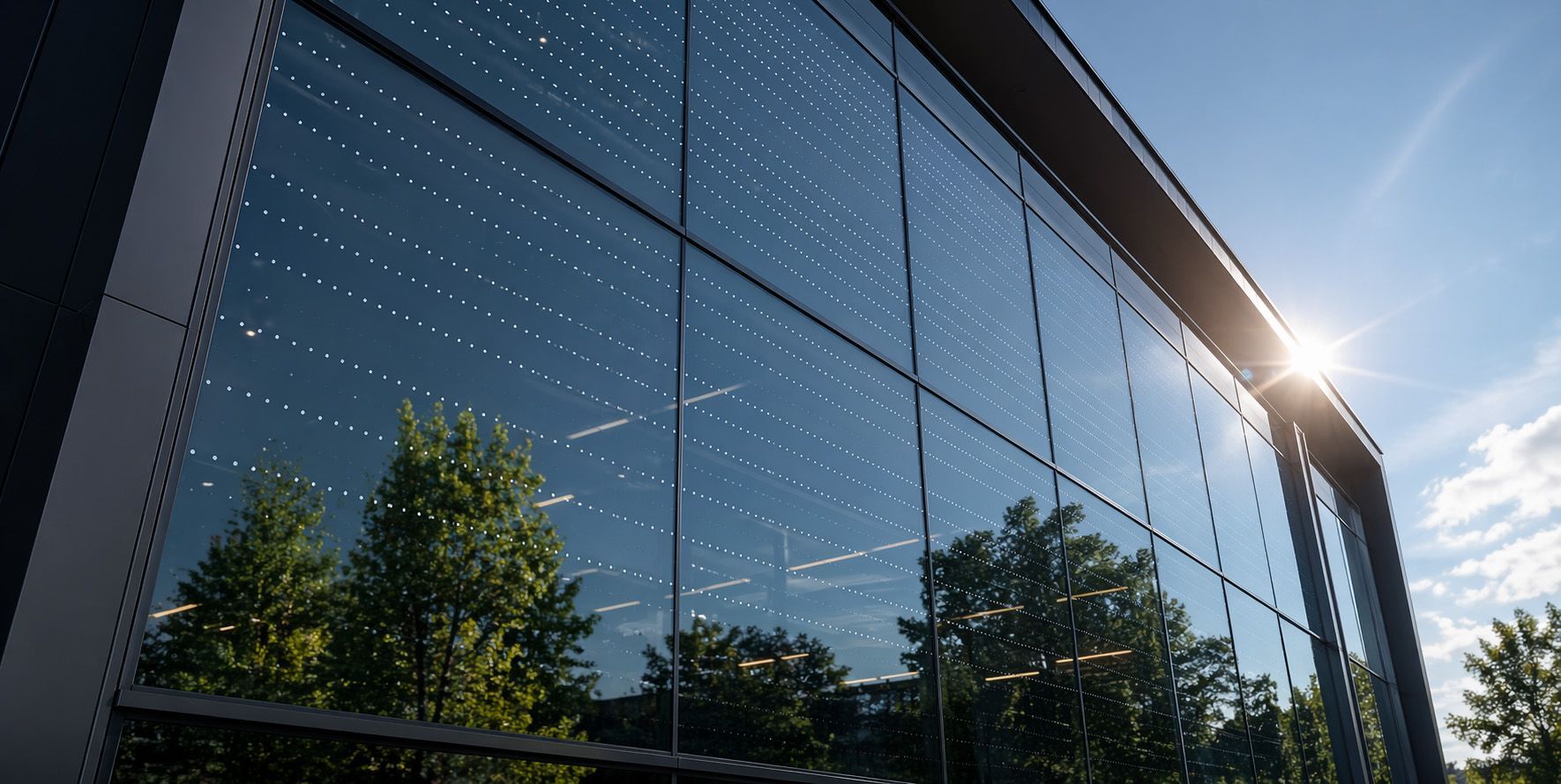 Modern glass building facade reflecting trees and blue sky in bright sunlight
