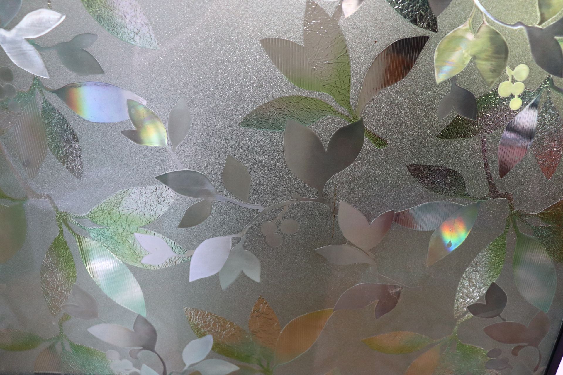 Frosted glass with leaf pattern and iridescent light reflections