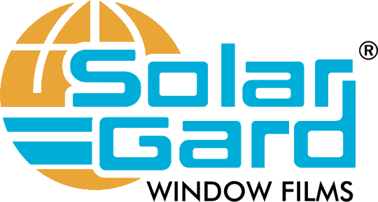 Solar Gard window films logo in blue and orange text with globe graphic