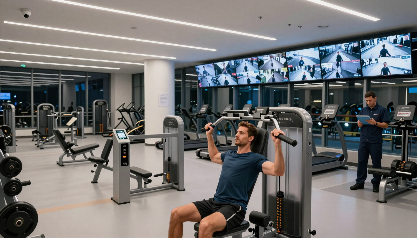Modern gym with people using weight machines and cardio equipment under bright overhead lighting
