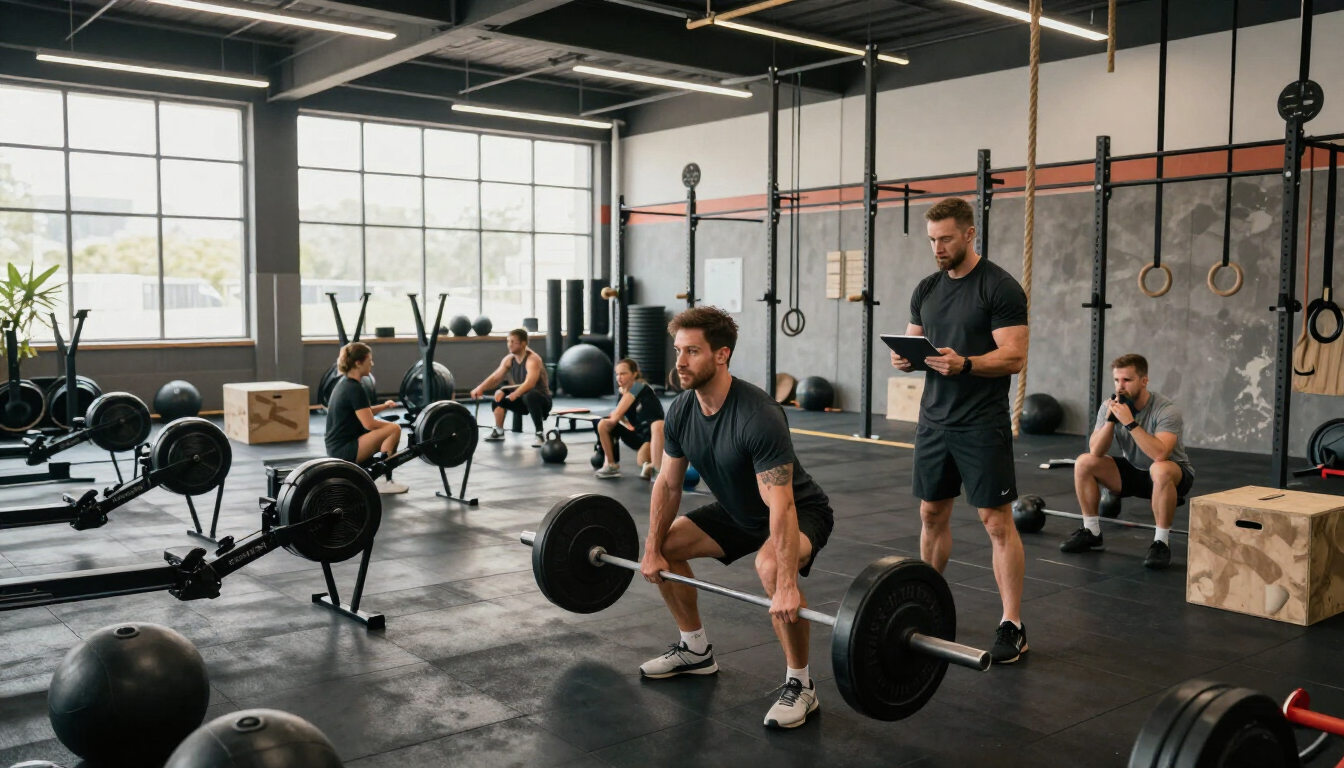 People doing barbell deadlifts in a modern gym with large windows and rowing machines.
