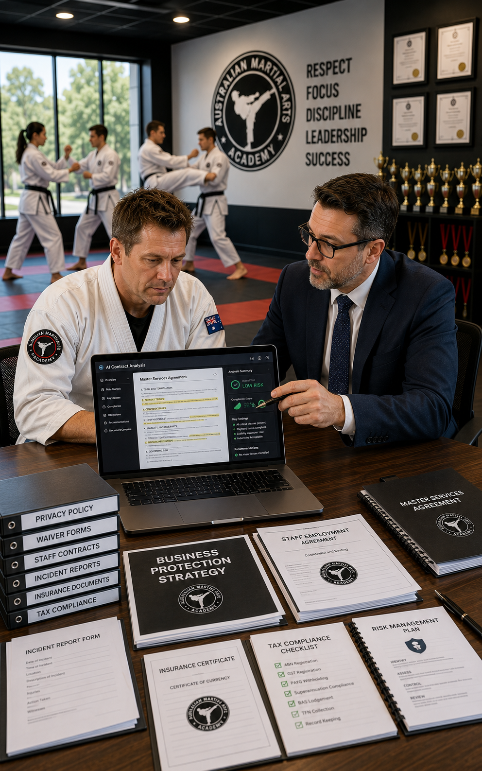 Two men in business attire review a laptop at a recruitment table with pamphlets and a military-style logo backdrop