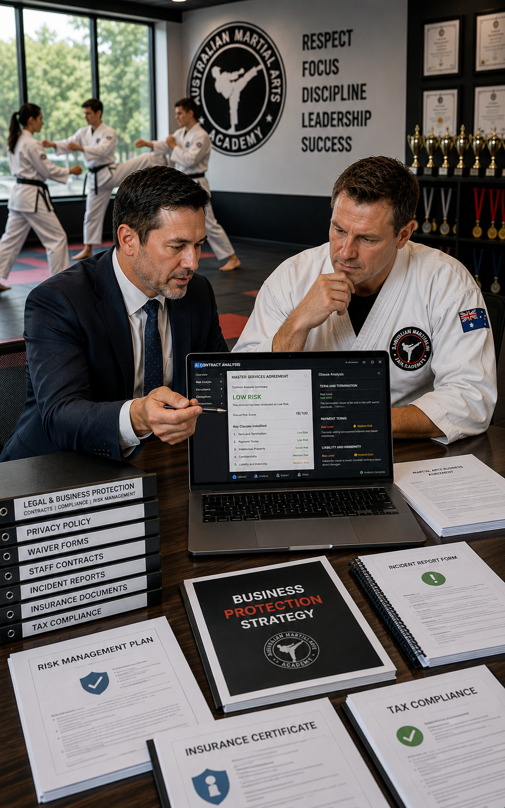 Two men discussing on laptops at a trade-show booth with brochures and signs.