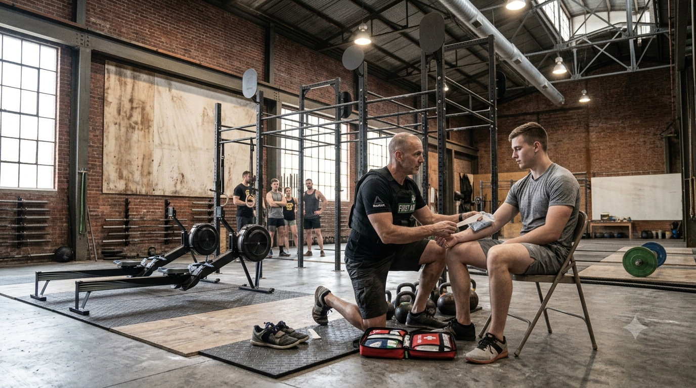 Two people in a gym, one kneeling to assist the other seated on a bench near rowing machines and weight equipment.