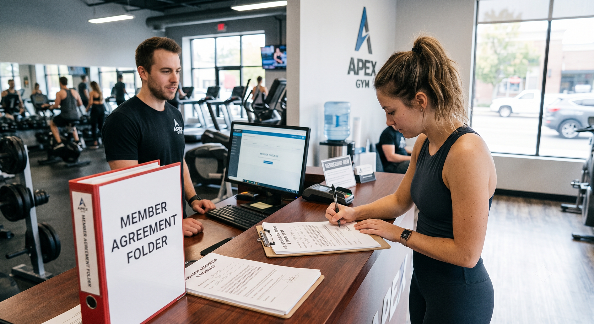 Person writing at a registration desk in a gym, with a sign reading “Membership Achieved” nearby.