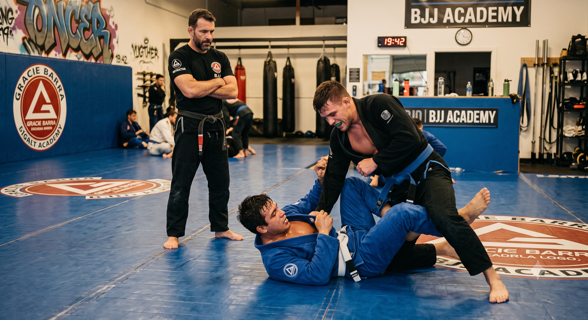 Two grappling athletes on mats in a BJJ academy, with a coach observing nearby.