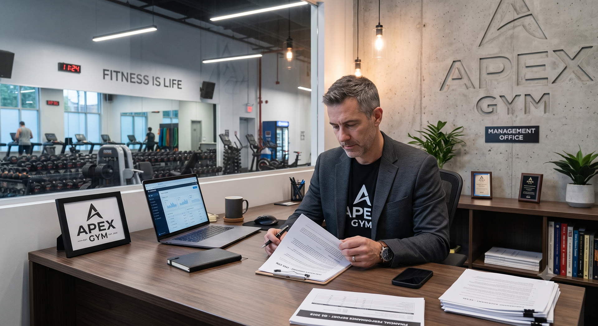Man at gym reception desk reviewing paperwork beside a laptop, with gym floor and weights in the background