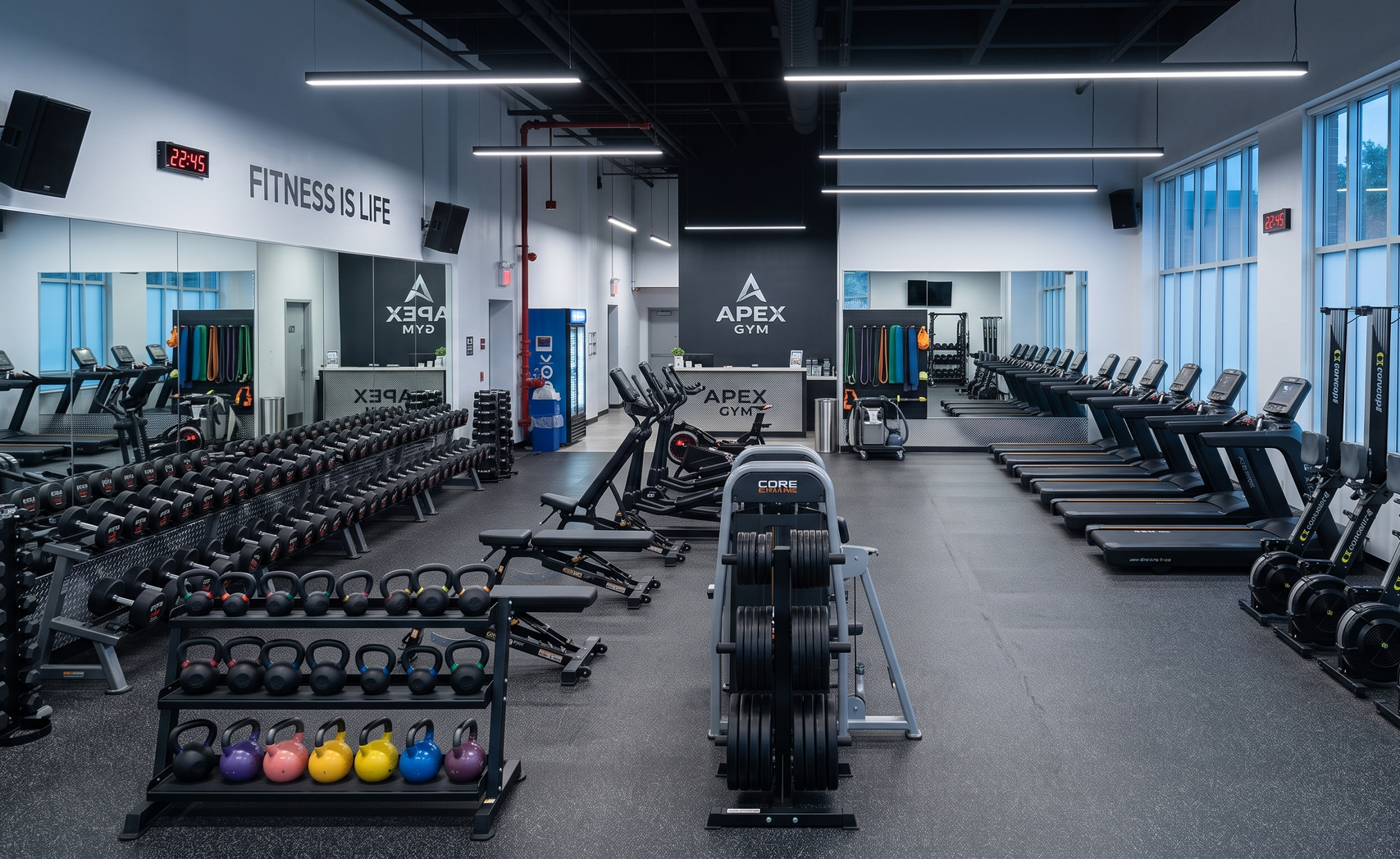 Spacious modern gym with rows of workout machines, dumbbells, and colorful kettlebells on a black floor.
