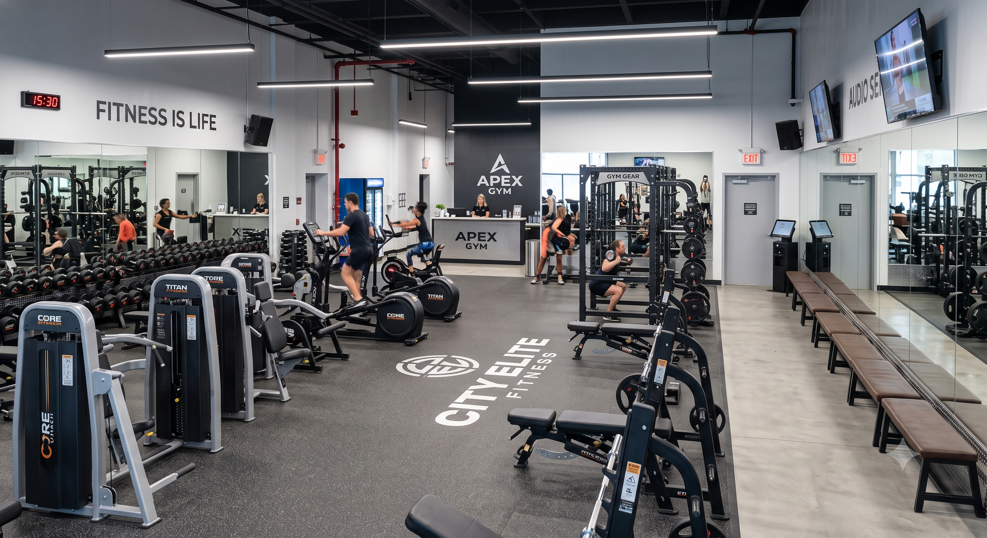 Spacious gym interior with weight machines, dumbbells, benches, and cardio equipment