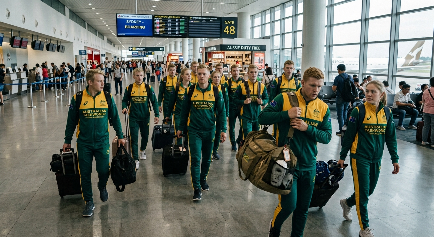 Team in green-and-yellow uniforms walking through an airport terminal with luggage