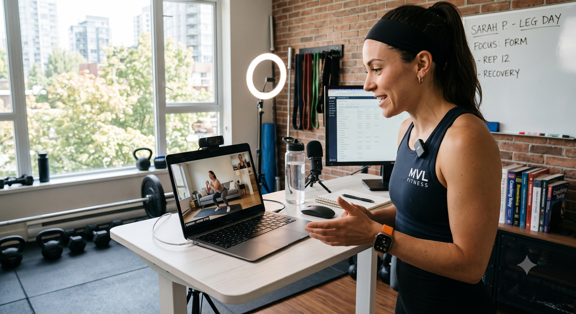 Woman on a video call at a desk with a laptop in a bright home office