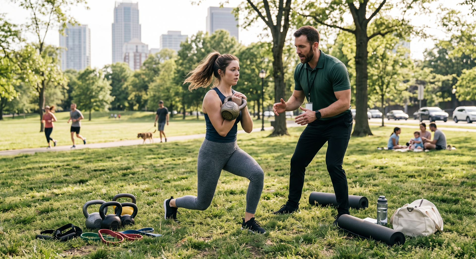 People exercising in a park, one doing lunges with a trainer nearby, city skyline in the background