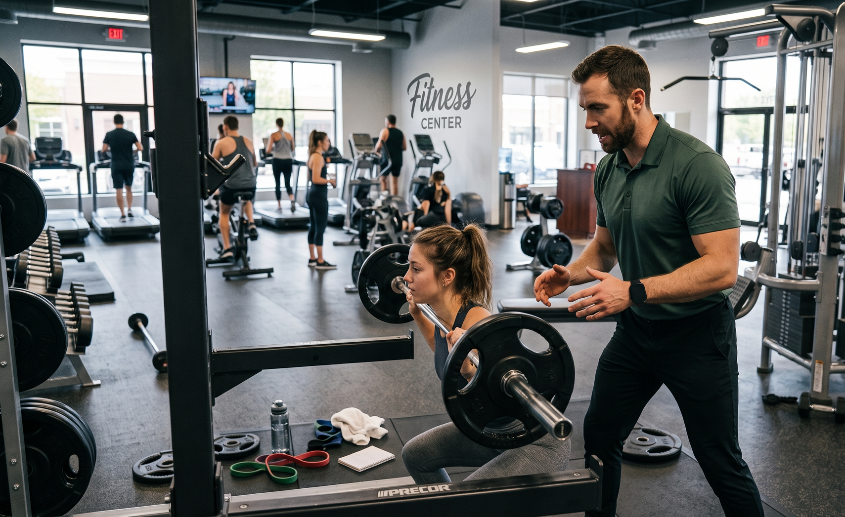 Gym trainer coaching a woman at a barbell bench press, with equipment and mirrors in the background