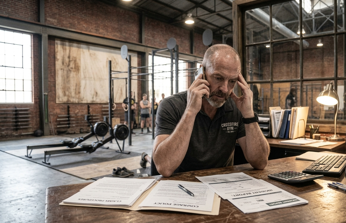 Man in a loft office studying documents at a desk, talking on a phone, with a laptop nearby