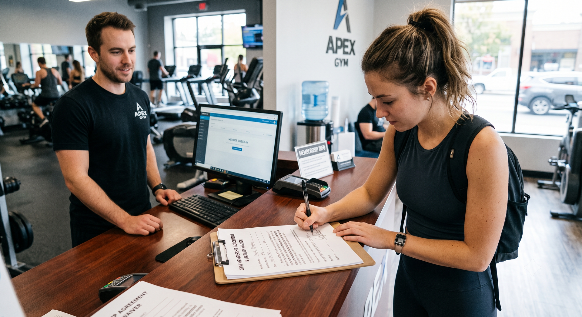 Gym front desk with a staff member helping a customer at a computer and paperwork counter.