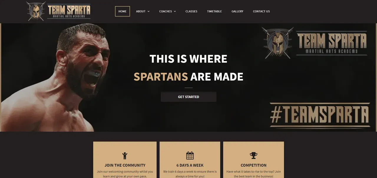 Fitness website homepage with muscular athlete, dark theme, and bold text “THIS IS WHERE SPARTANS ARE MADE.”