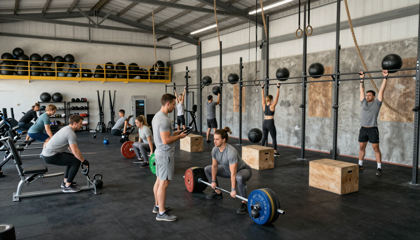 People exercising in a CrossFit gym with barbells, boxes, and rowing machines.
