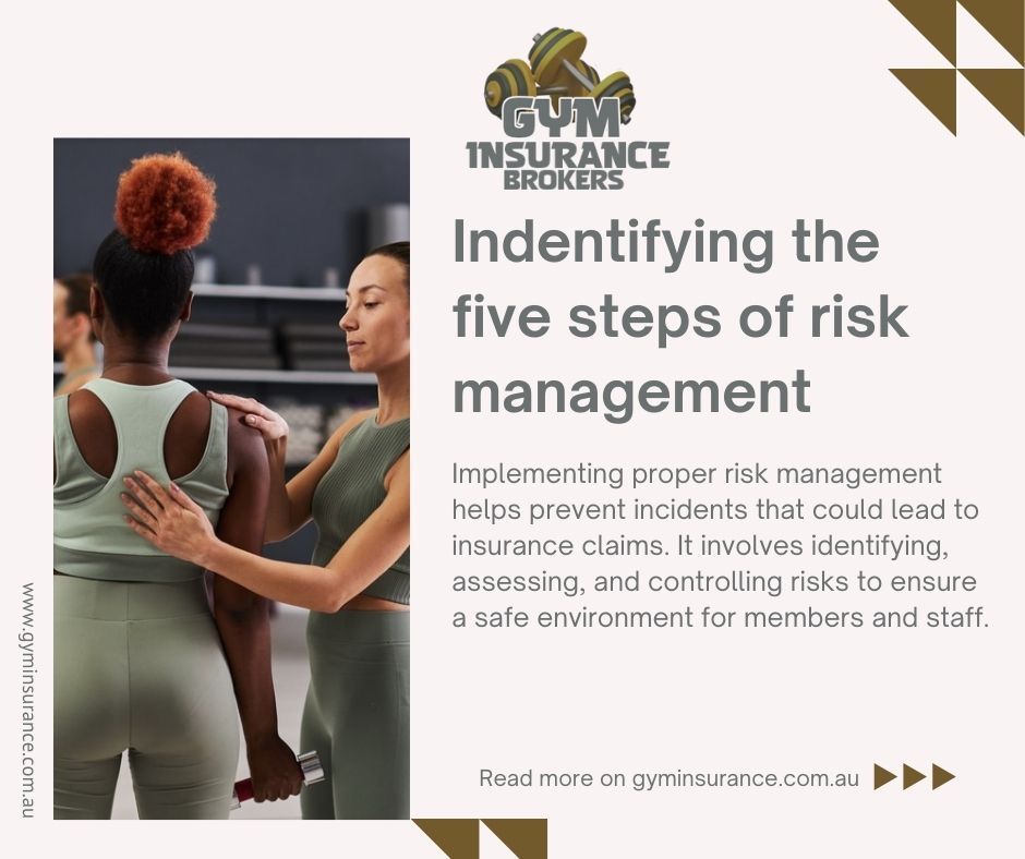 Insurance Brokers poster: “Identifying the five steps of risk management” with safety training photo and text.