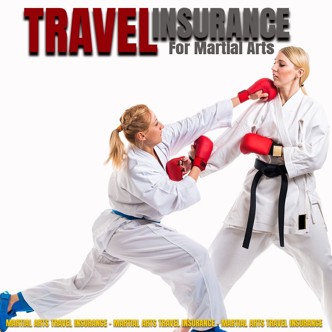 Martial arts sparring scene with bold text “Travel Insurance for Martial Arts” and “Annual Event Coverage” banner