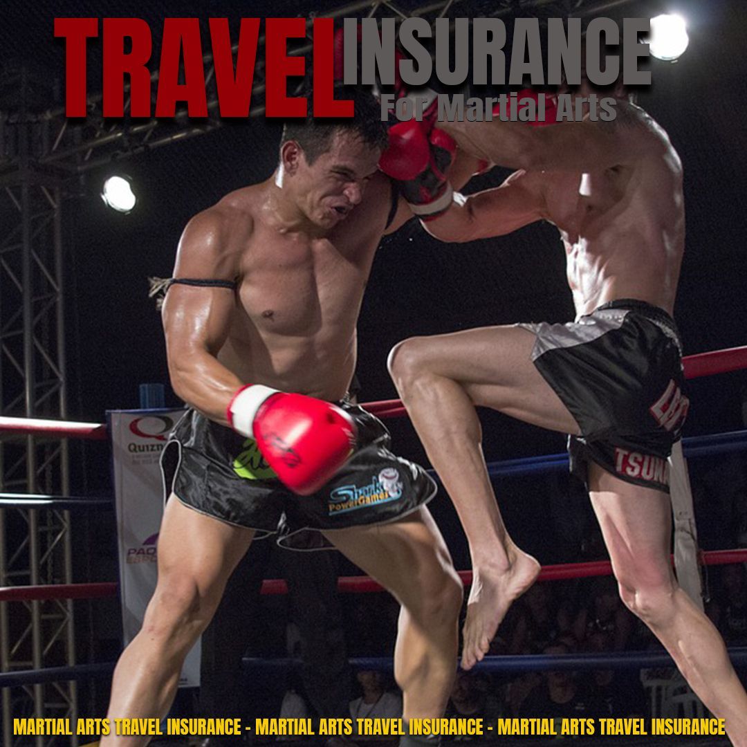 Two kickboxers sparring in a ring under bright lights, with “Travel Insurance” text overlay.
