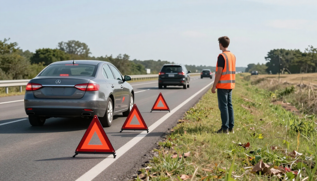Un trabajador con chaleco de seguridad naranja coloca triángulos de advertencia al borde de la carretera, junto a los coches que pasan.
