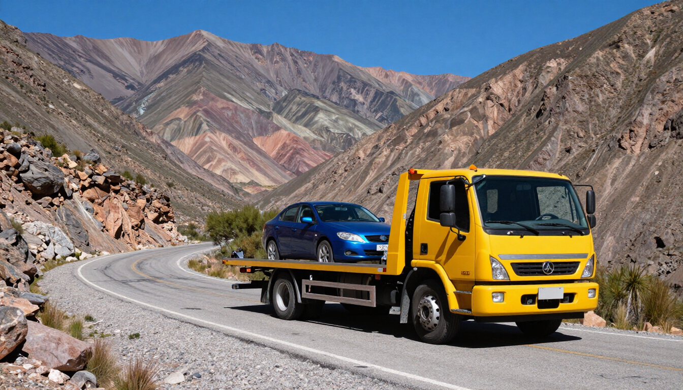 Grúa de plataforma trasladando un vehículo en una ruta de Jujuy