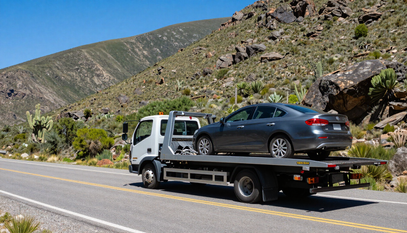 Una grúa transporta un sedán gris en la cuneta de una carretera de montaña bajo un cielo despejado.