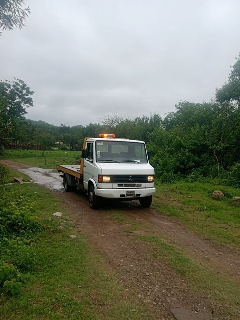 Una grúa transporta un sedán plateado en una carretera rural con colinas y un árbol al fondo.