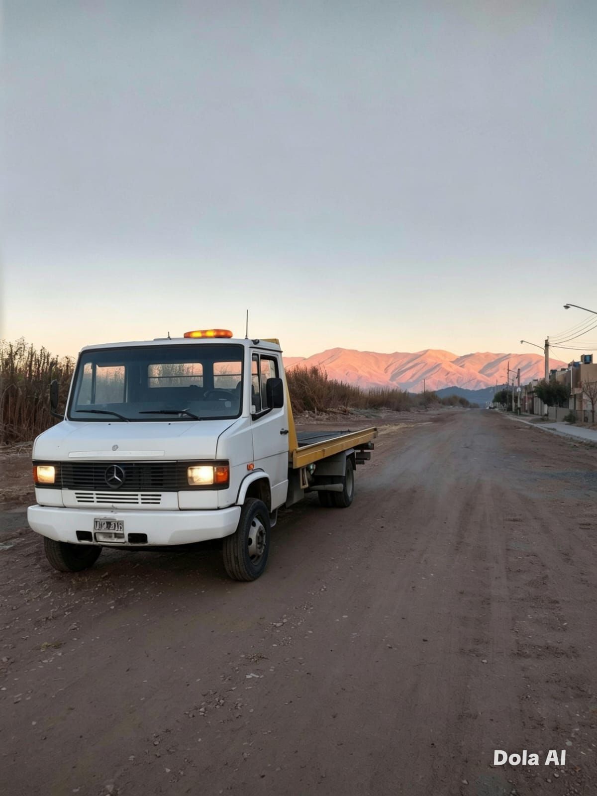 Un mecánico con mono azul arranca con pinzas un coche plateado aparcado al borde de la carretera con el capó abierto.