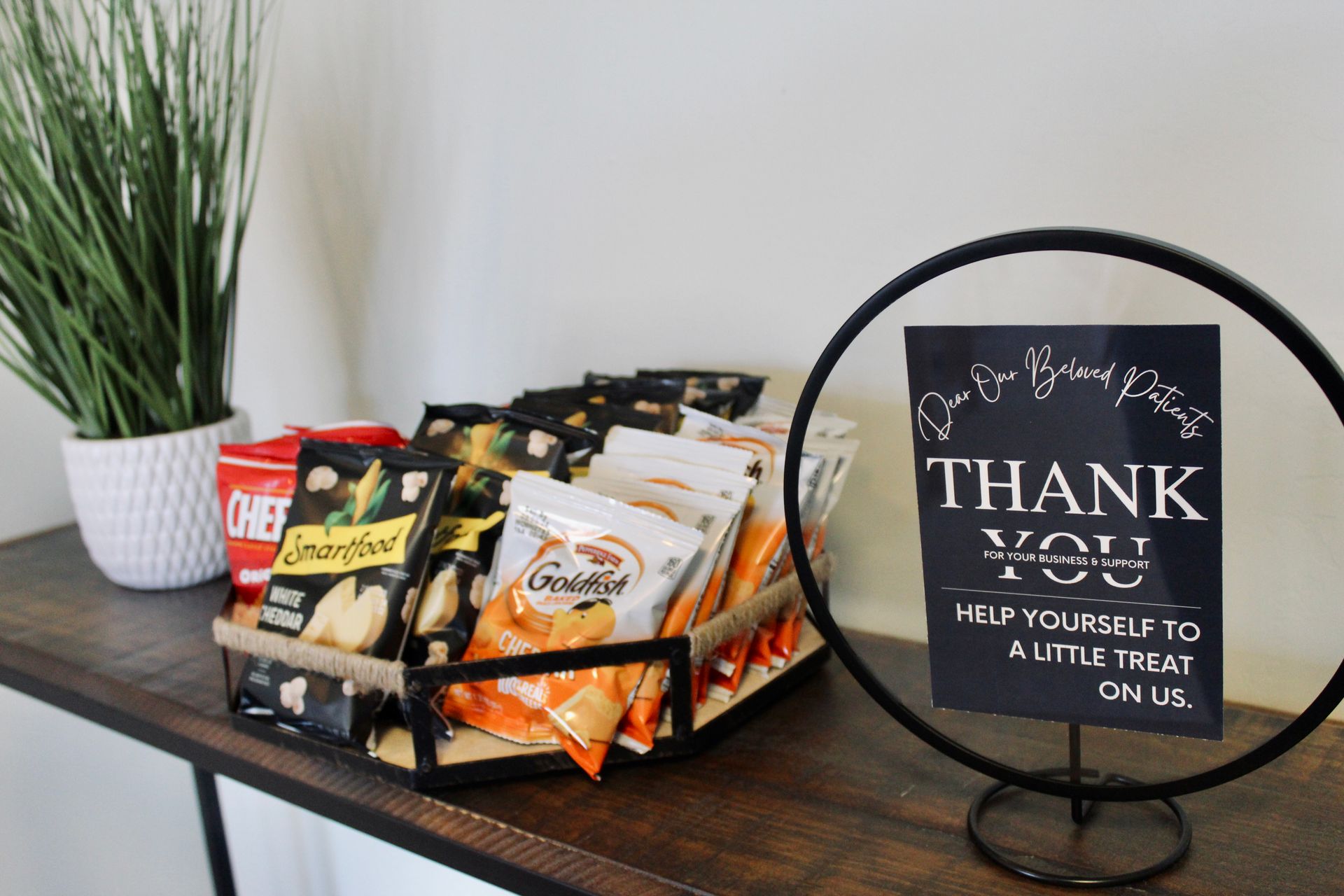 Snack basket for patients with thank you sign.