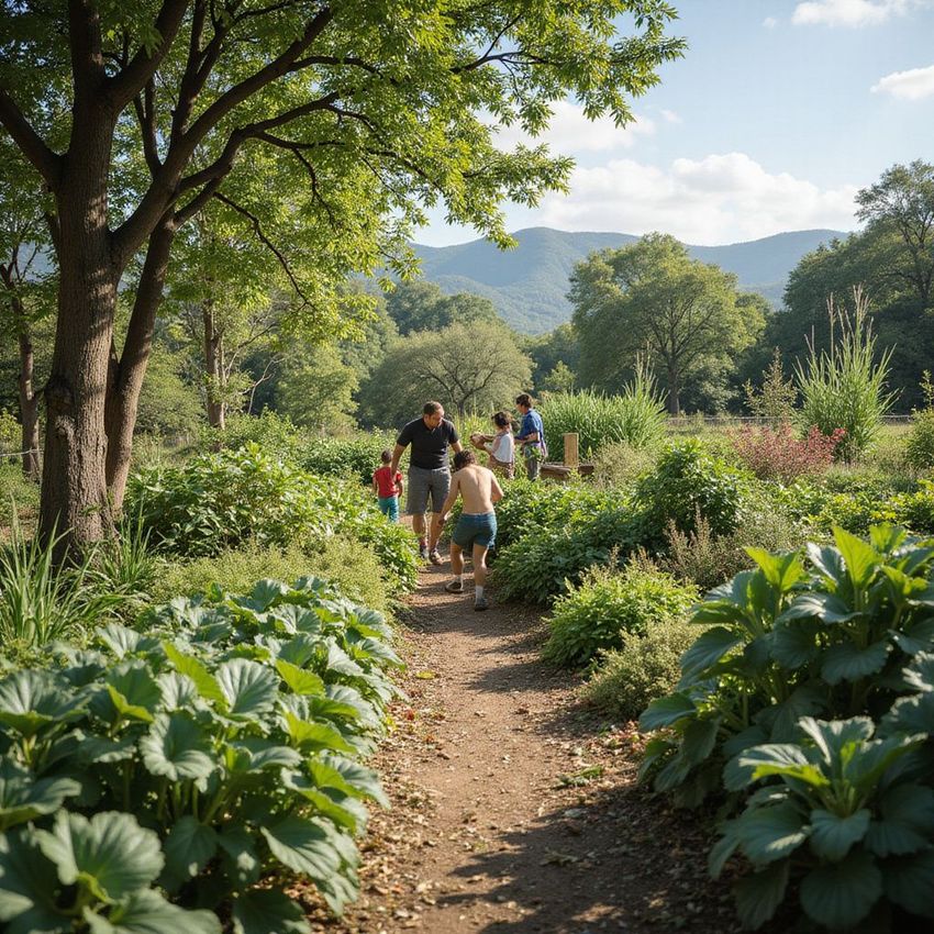 Family walking down a dirt path in a sunny garden with mountain views.