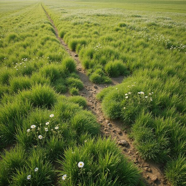 Grassy field with a dirt path, leading to the horizon. Scattered white wildflowers.
