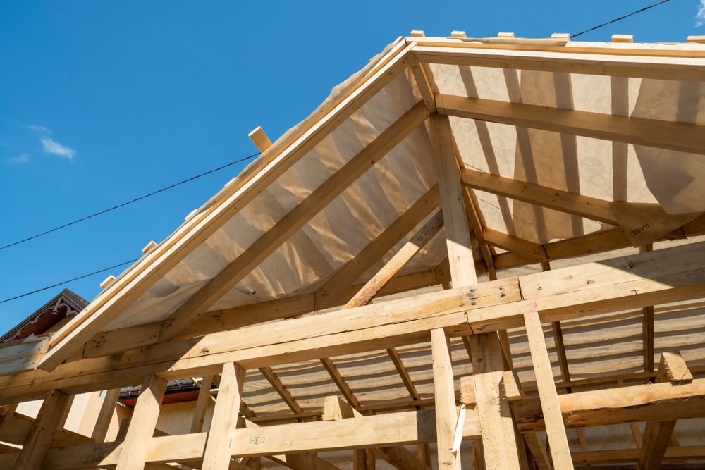 Wooden Roof Frame Under Construction Against a Blue Sky — Brayden Stewart Building In Forster, NSW