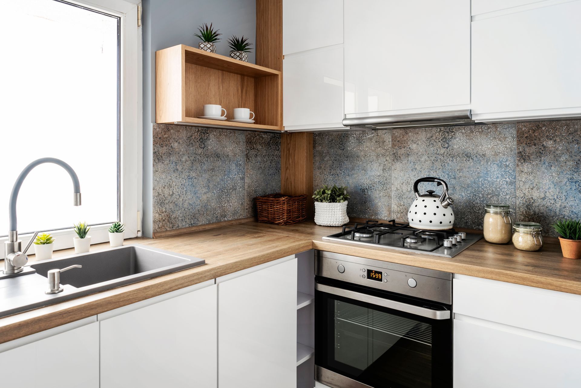 Modern White Kitchen With Wood Countertops — Brayden Stewart Building In Forster, NSW