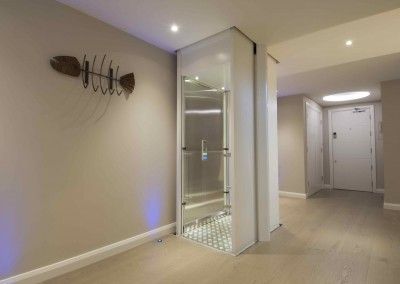 A modern home elevator with a glass door, metal flooring, and a fish skeleton wall art piece in a minimalist hallway.