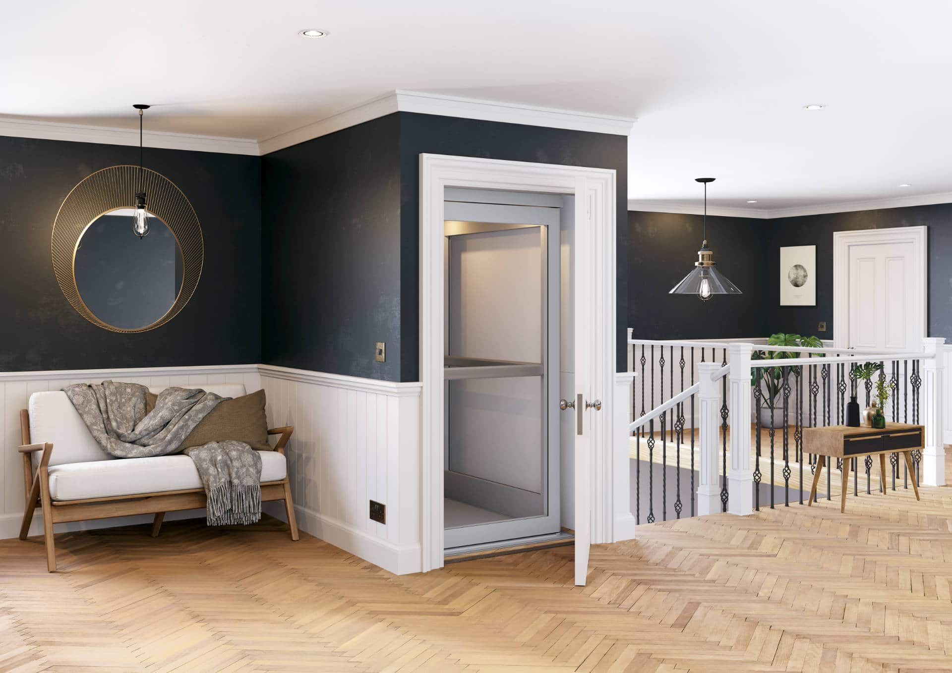 A home elevator installed in a hallway with dark walls, a wooden sofa, and a staircase.
