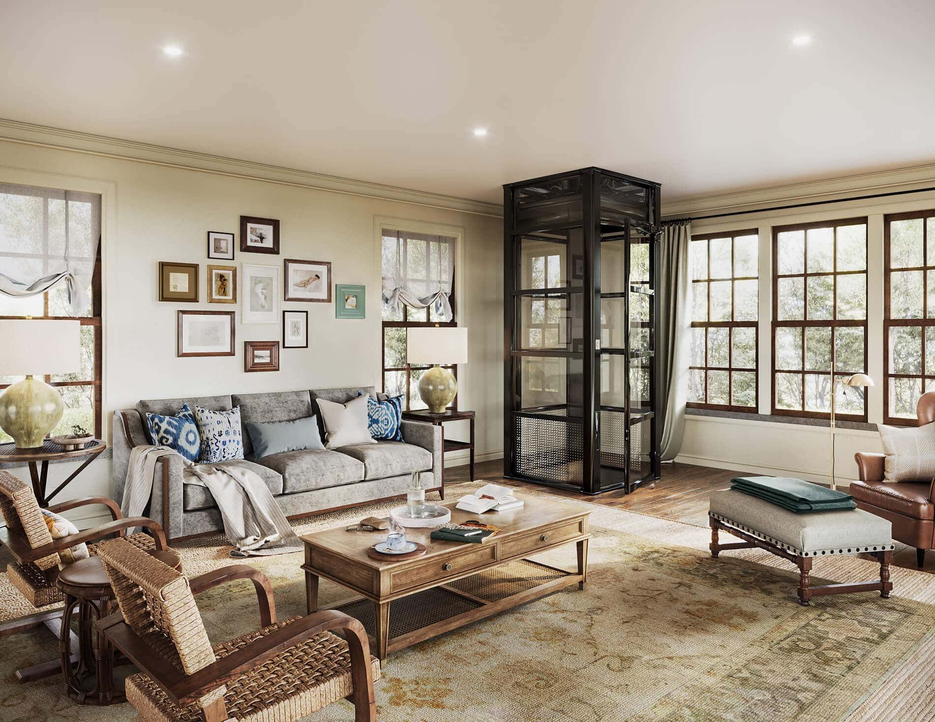 A bright, cozy living room featuring a gray sofa, wood coffee table, woven armchairs, and a modern glass elevator.