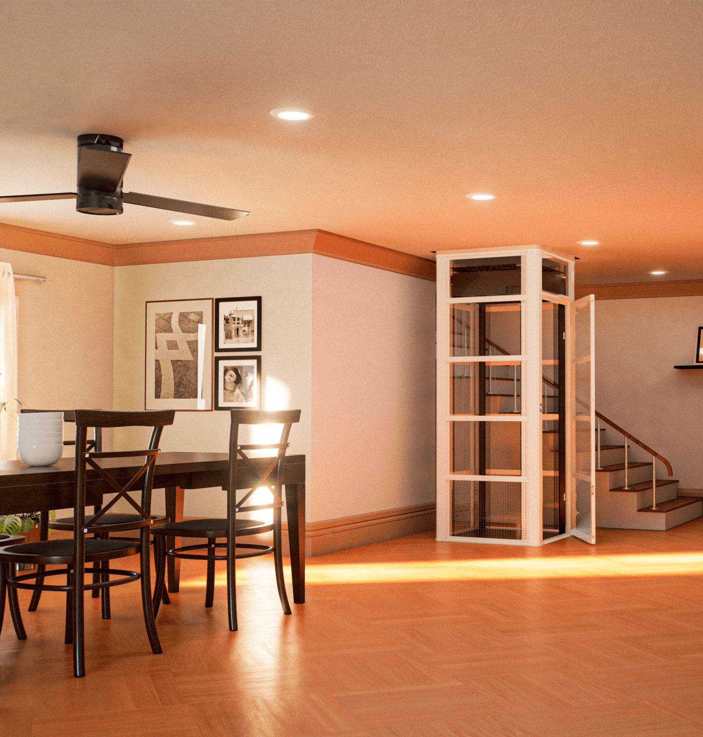A residential dining room features a modern glass elevator enclosure positioned next to a staircase.