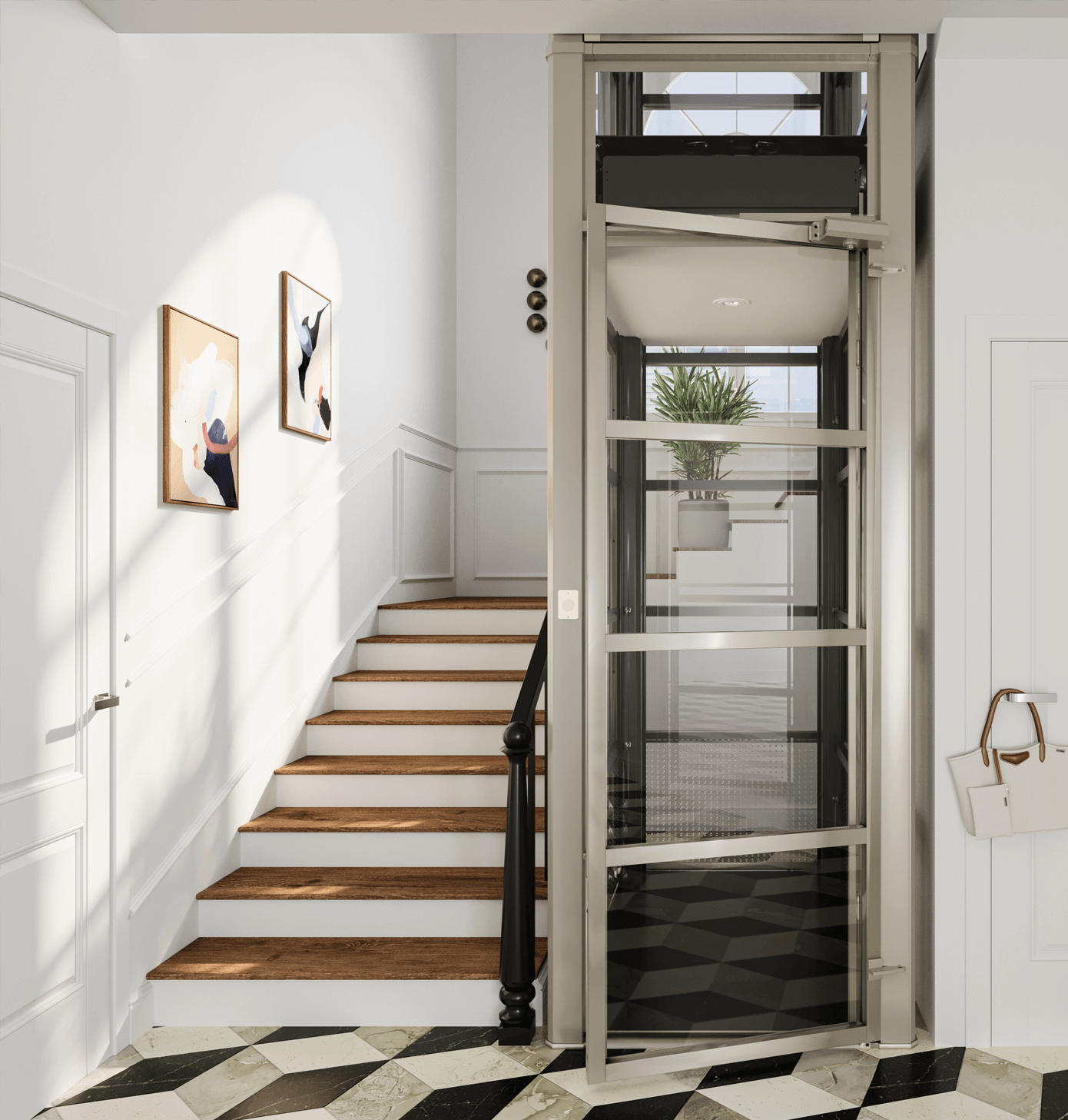 A home interior with a wooden staircase next to a modern glass elevator, set against white walls and a tiled floor.