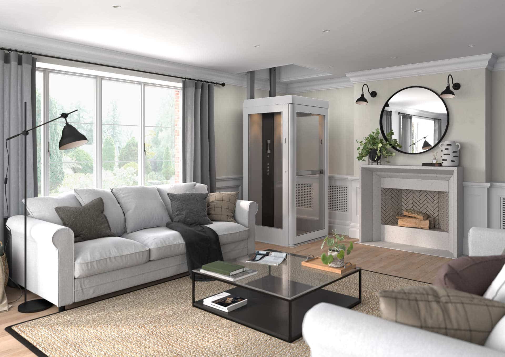 A modern living room with a white sofa, a glass coffee table, a fireplace, and a white residential elevator.