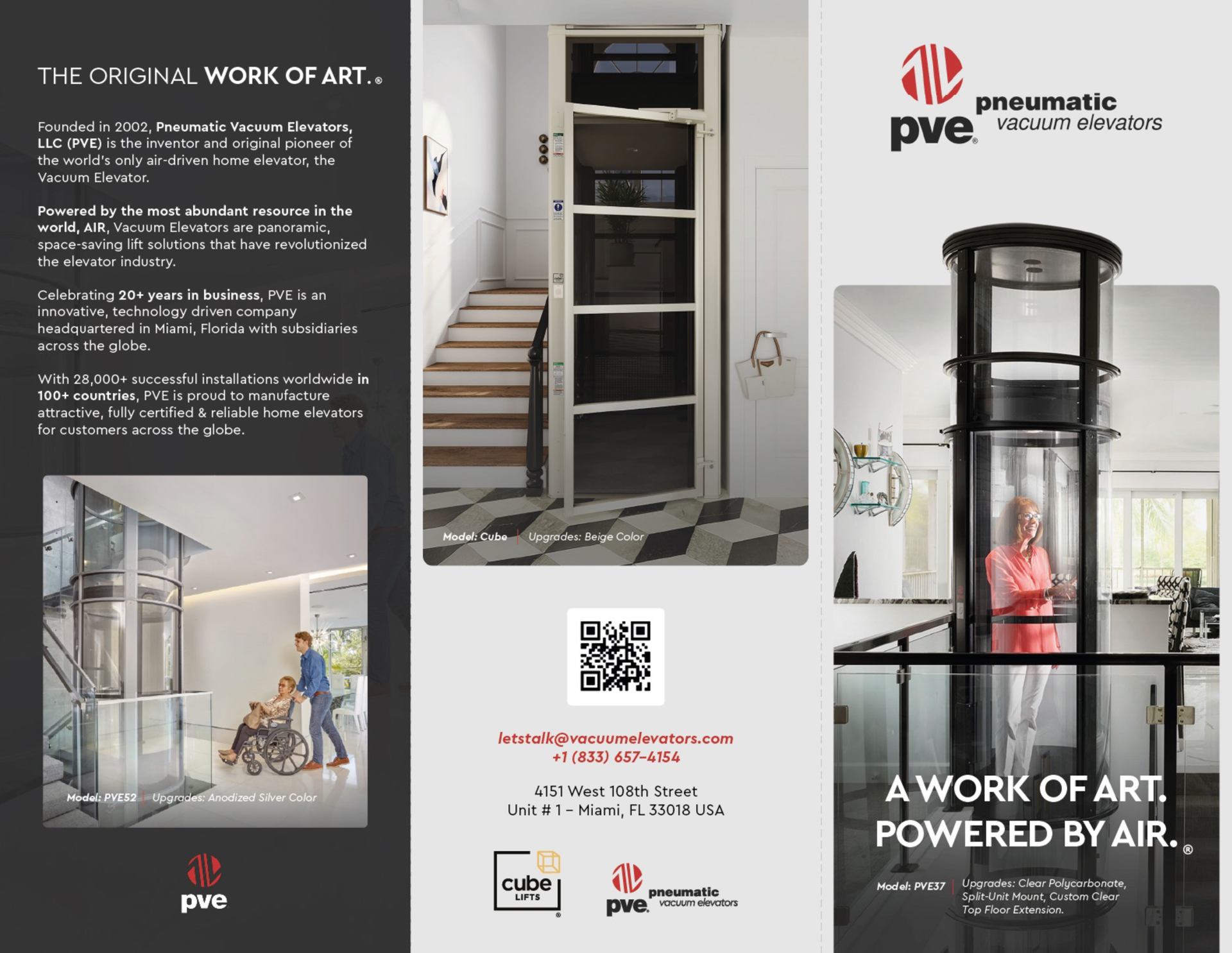 Brochure for PVE pneumatic elevators featuring photos of clear, cylindrical residential elevators in home interiors.