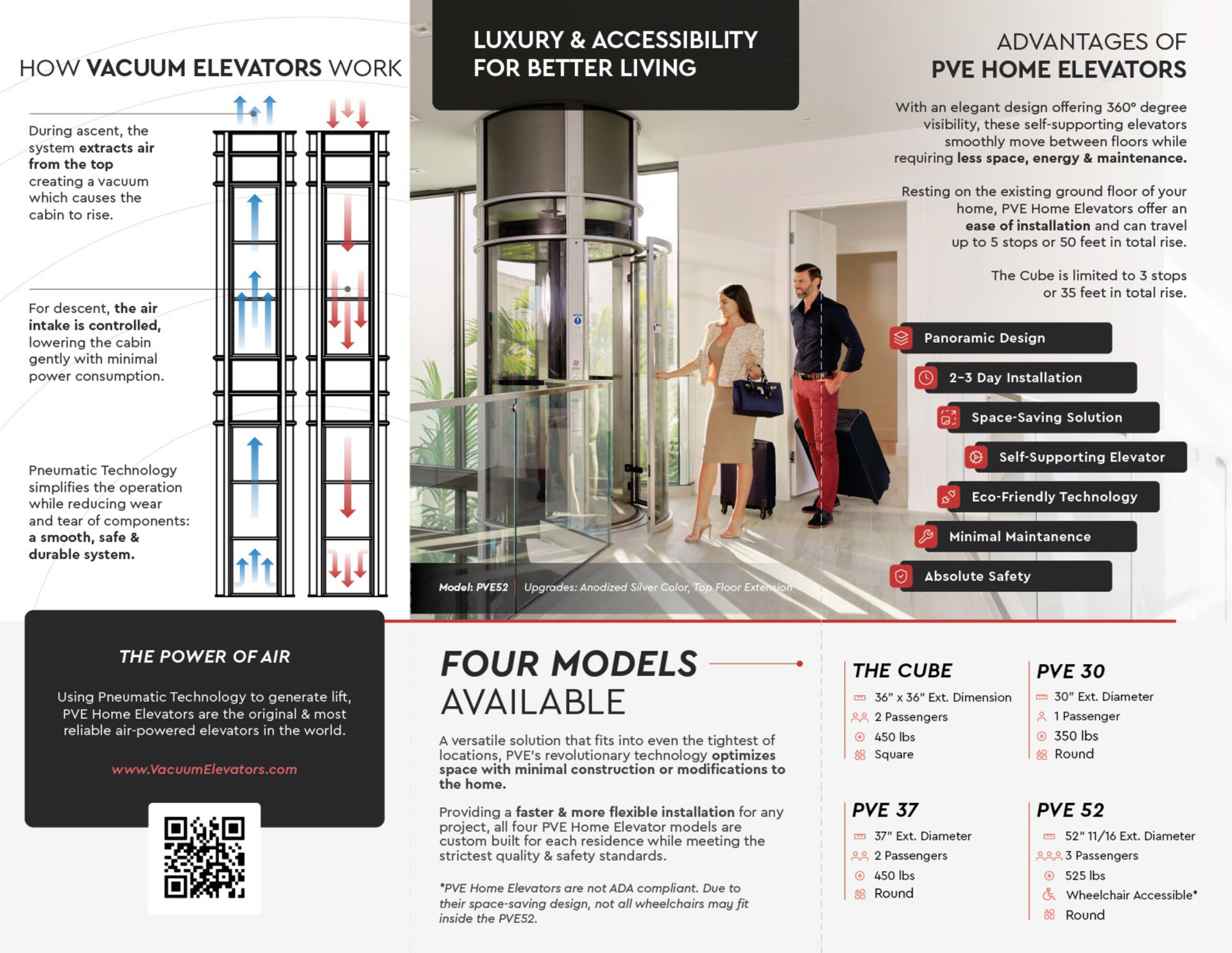 Marketing brochure for PVE home elevators, showing product benefits, how they work, and available models with a QR code.