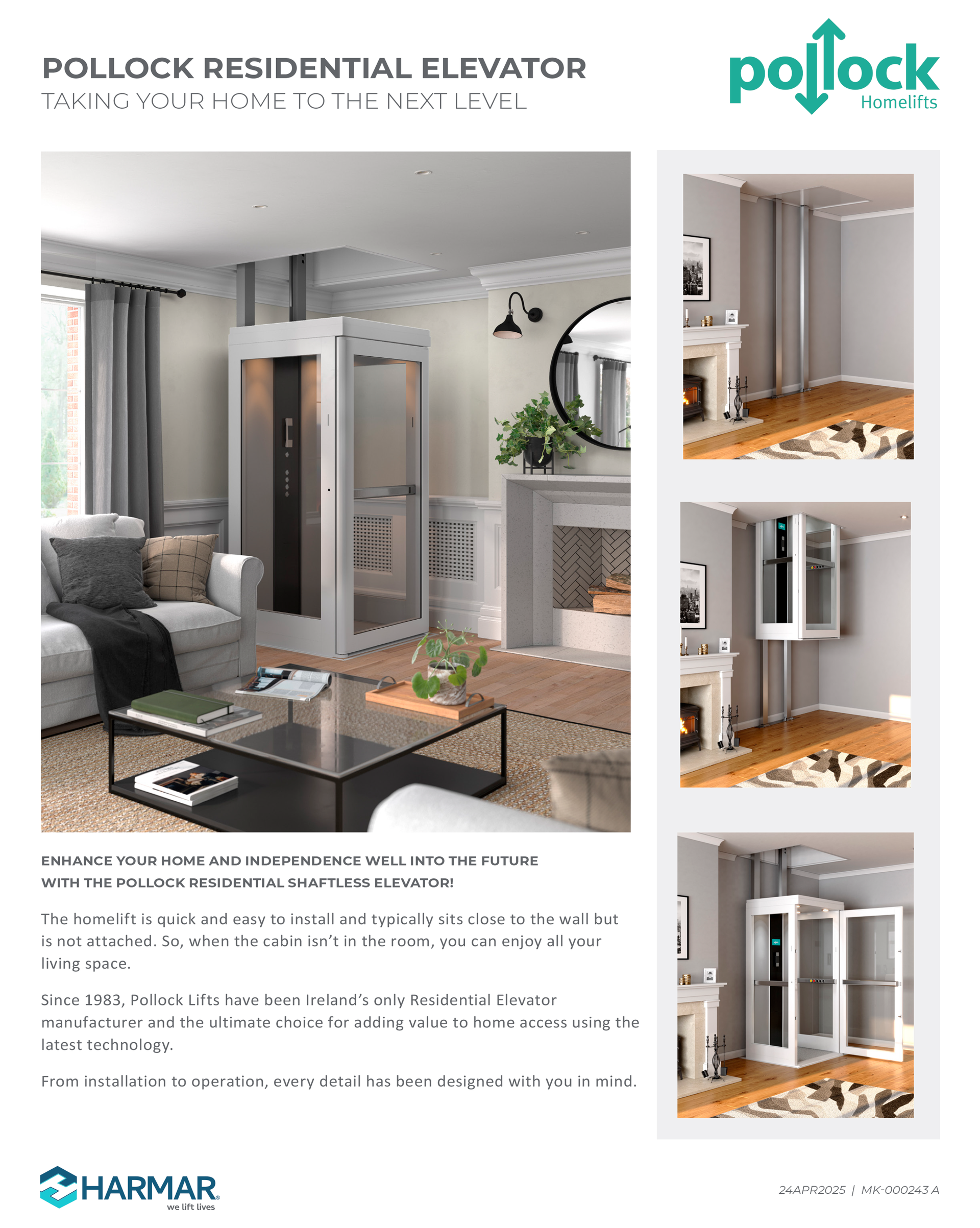A Pollock residential elevator shown in a home living room, with side panels demonstrating its travel between floor levels.