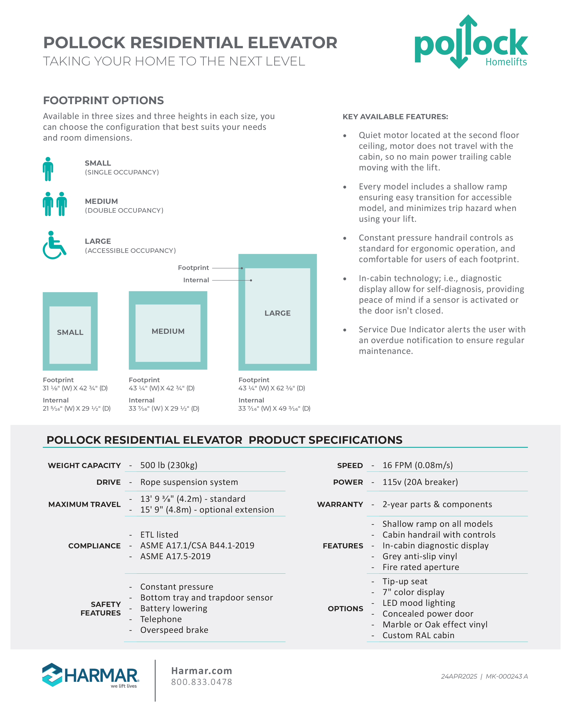 Product specification sheet for the Pollock Residential Elevator, detailing sizes, capacity, and key technical features.