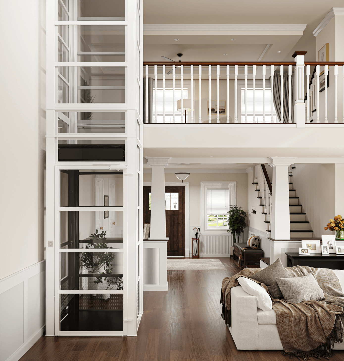 A glass-enclosed home elevator stands in a bright, modern entryway next to a staircase and a white couch.