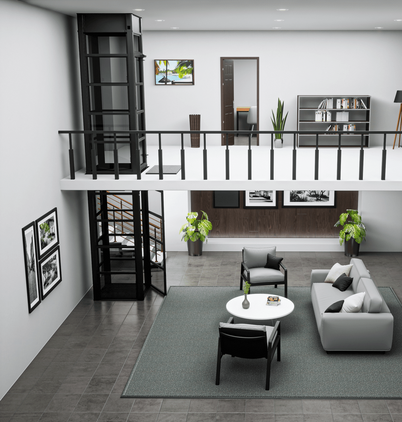 A modern living room with a black frame home elevator connecting the lower floor to a mezzanine balcony.